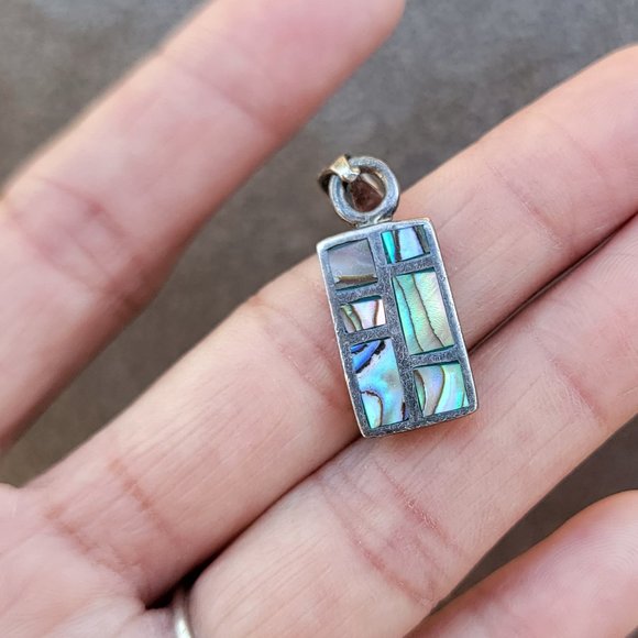 Southwestern vintage abalone shell inlay 925 sterling silver necklace pendant - Picture 3 of 13